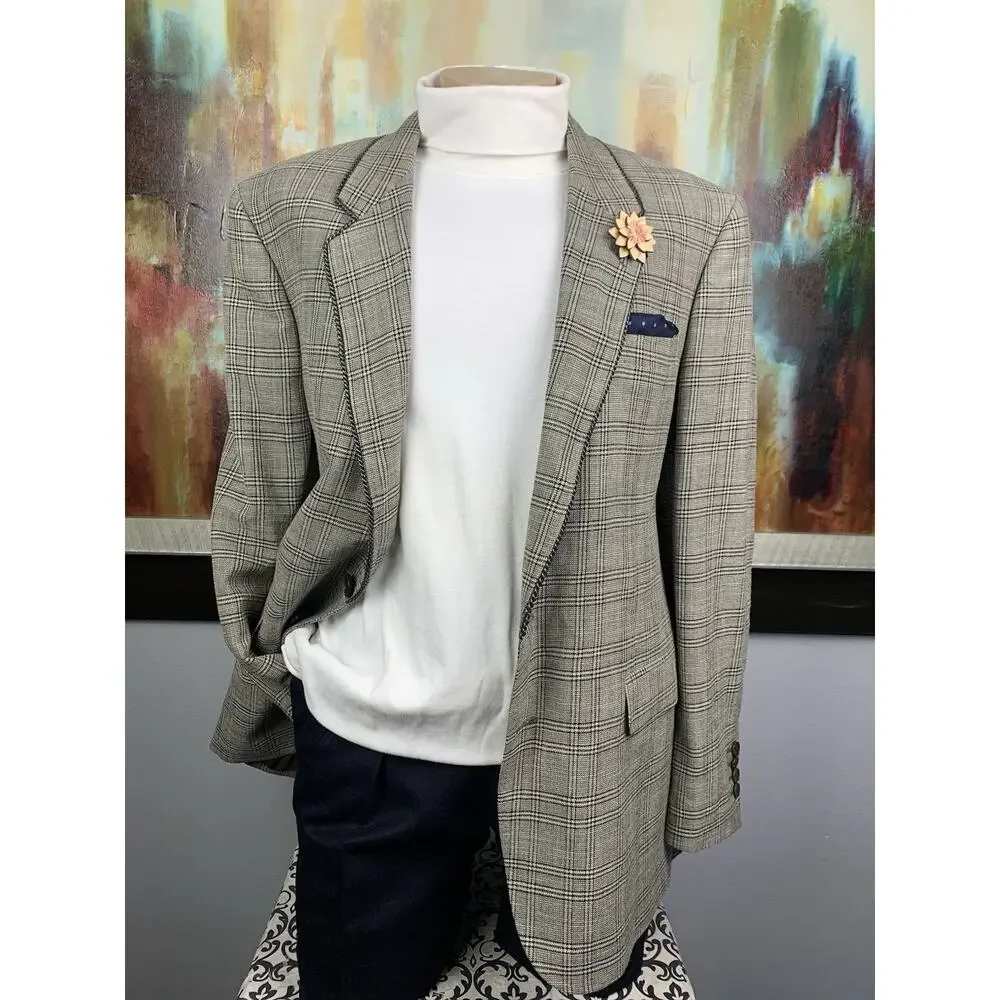 Etro Blazer 42R 52IT Beige Plaid Paisley Linen Wool Italy Sport Coat Luxury